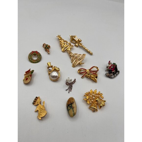 Unbranded Jewelry - Vintage Christmas Brooches Pins Set of 13 Metal Stone Plastic Unsigned